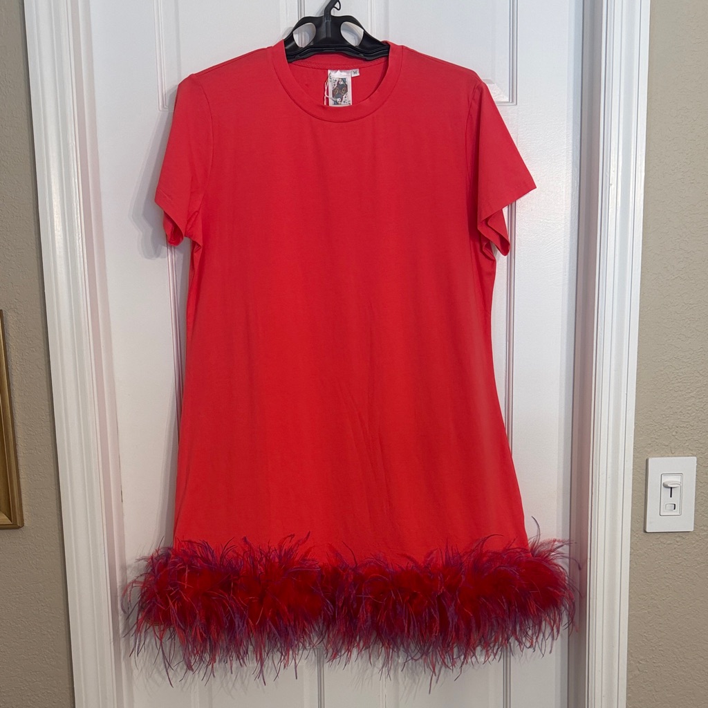 Stylish Red Feather Hem T-Shirt Dress